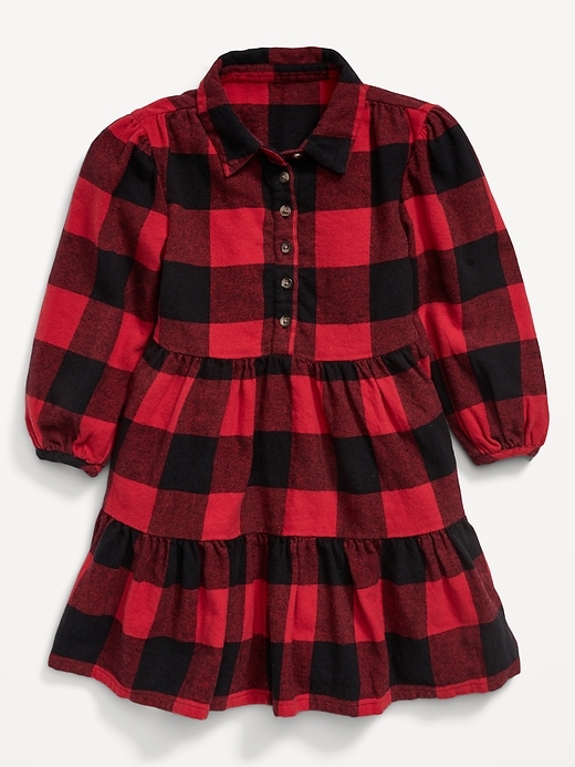 View large product image 1 of 1. Long-Sleeve Tiered Flannel Shirt Dress for Toddler Girls