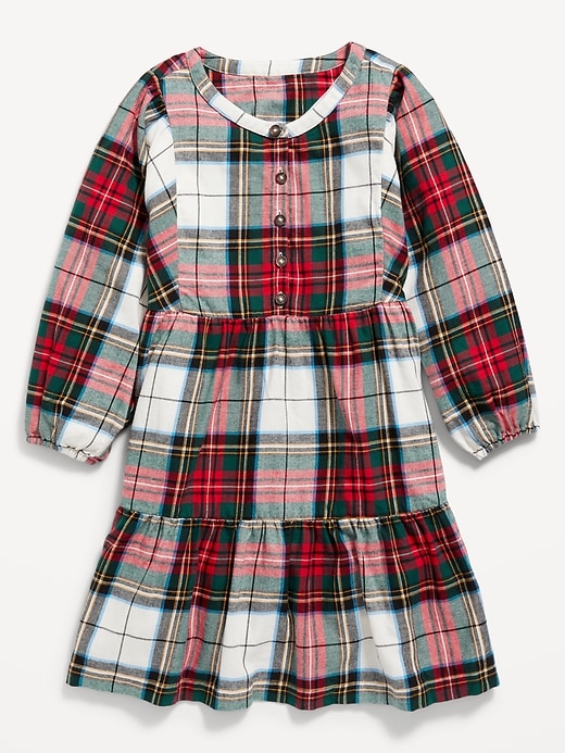 View large product image 2 of 3. Long-Sleeve Button-Front Plaid Swing Dress for Girls