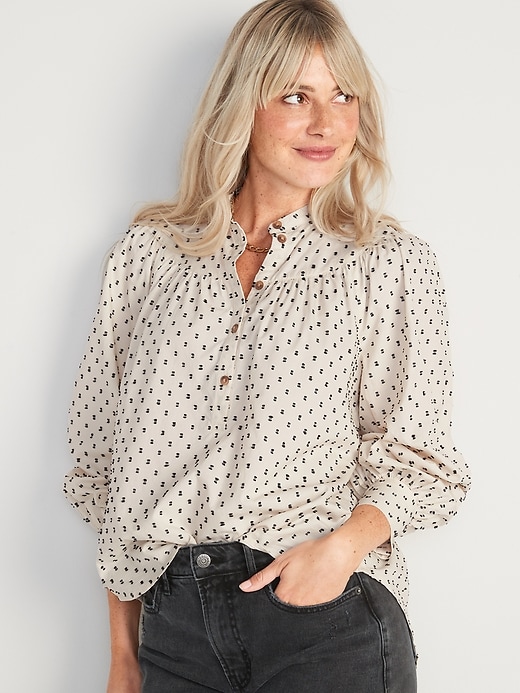 Image number 1 showing, Puff-Sleeve Clip-Dot Henley Swing Blouse