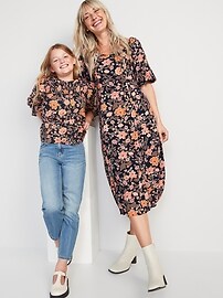 View large product image 4 of 4. Puff-Sleeve Tiered Floral-Print Swing Dress for Girls