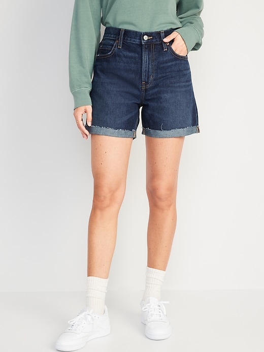 Image number 1 showing, High-Waisted Slouchy Straight Non-Stretch Cut-Off Jean Shorts for Women -- 5-inch inseam