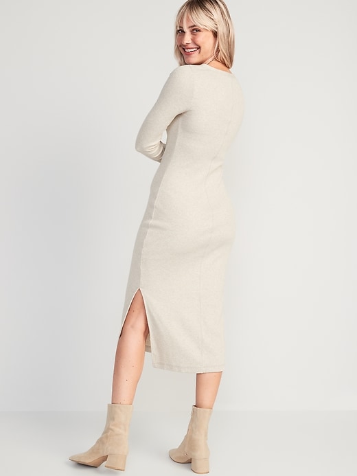 Image number 2 showing, Fitted Long-Sleeve Heathered Rib-Knit Henley Midi Dress for Women