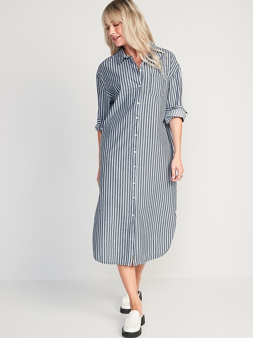 Old Navy - Long-Sleeve Striped Cotton-Poplin Midi Shirt Dress for Women
