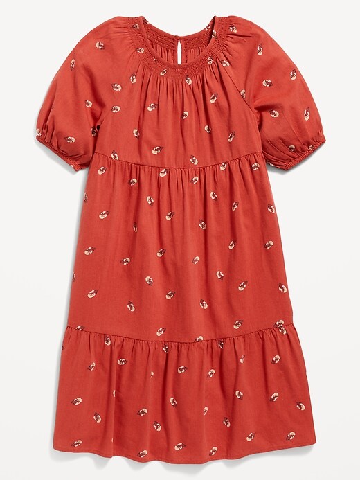 Floral-Print Puff-Sleeve Tiered Swing Dress for Girls