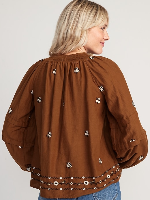 Image number 2 showing, Floral-Embroidered Smocked Tie-Neck Long-Sleeve Top for Women