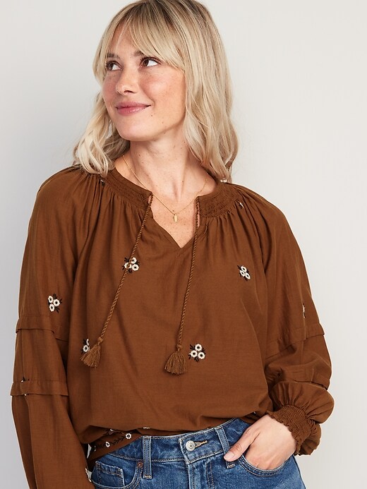 Image number 1 showing, Floral-Embroidered Smocked Tie-Neck Long-Sleeve Top for Women
