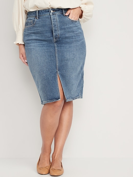 Image number 5 showing, Higher High-Waisted Button-Fly Midi Jean Pencil Skirt for Women