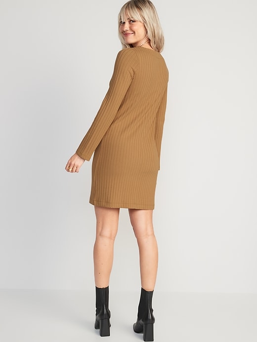 Long-Sleeve Rib-Knit Button-Front Mini Shift Dress for Women | Old