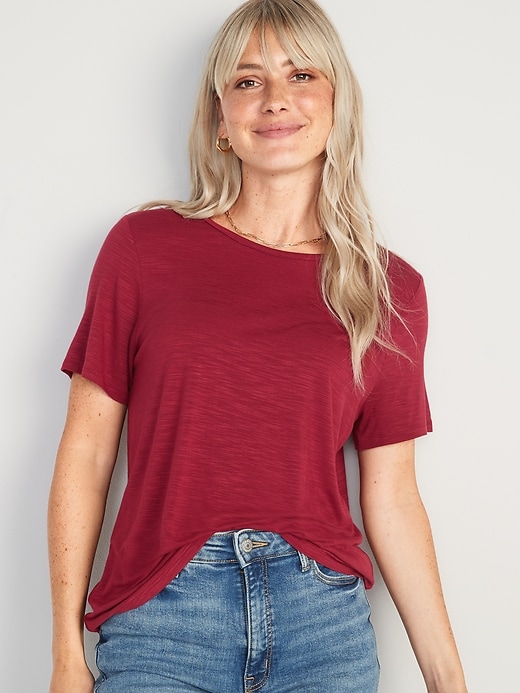 Image number 1 showing, Short-Sleeve Luxe Crew-Neck Slub-Knit T-Shirt for Women