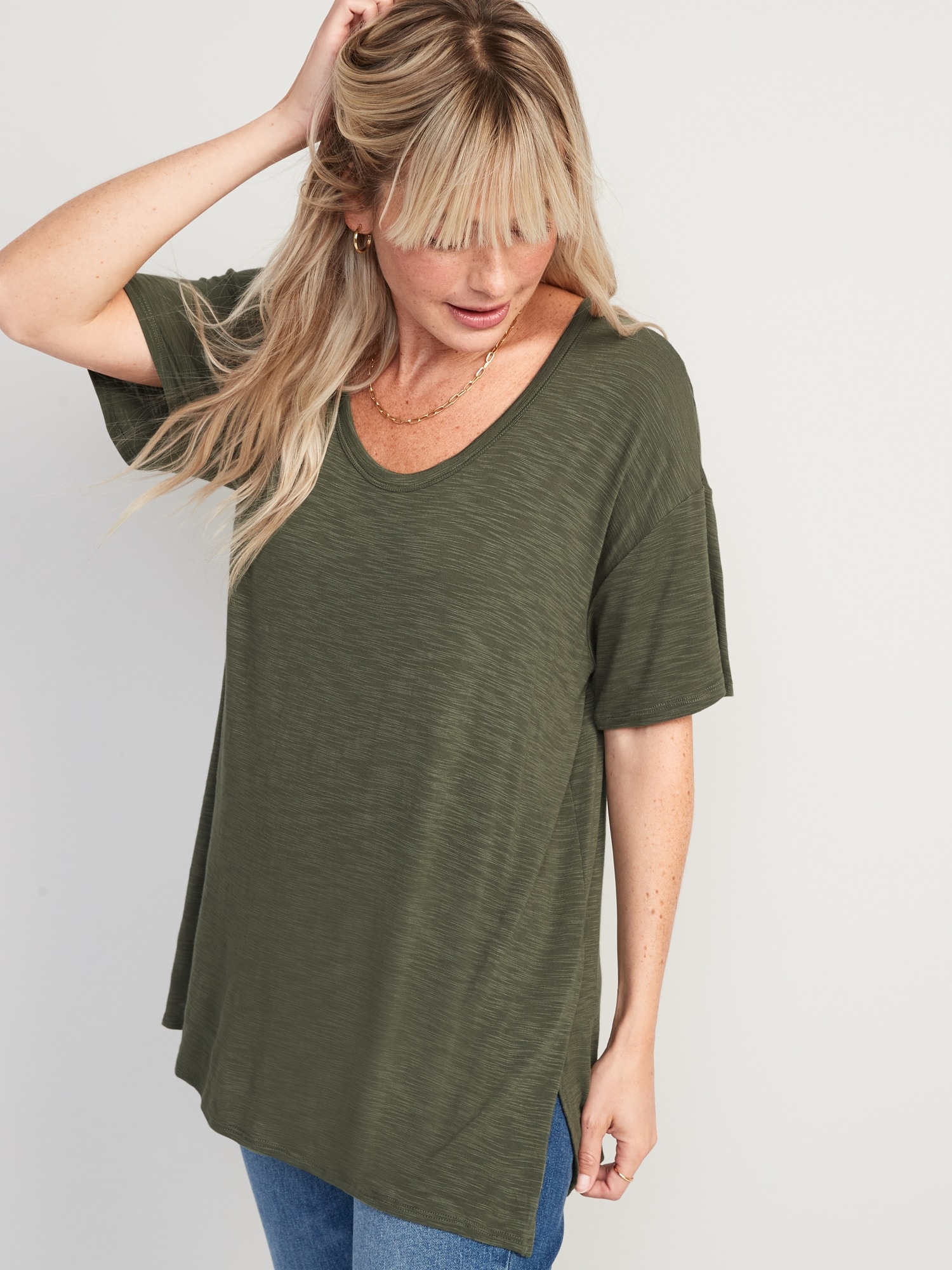 Old Navy Oversized Luxe Slub-Knit Tunic T-Shirt for Women green. 1