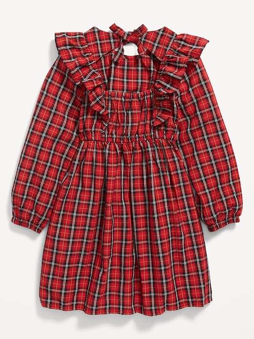 old navy plaid red dress Fit & Flare Ruffle-Trim Plaid Seersucker Dress for Toddler Girls