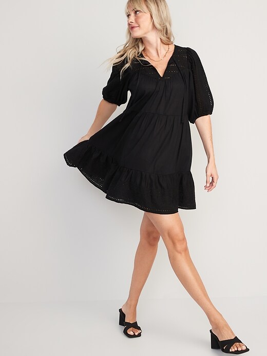 Image number 3 showing, Puff-Sleeve Tiered Embroidered Mini Swing Dress for Women