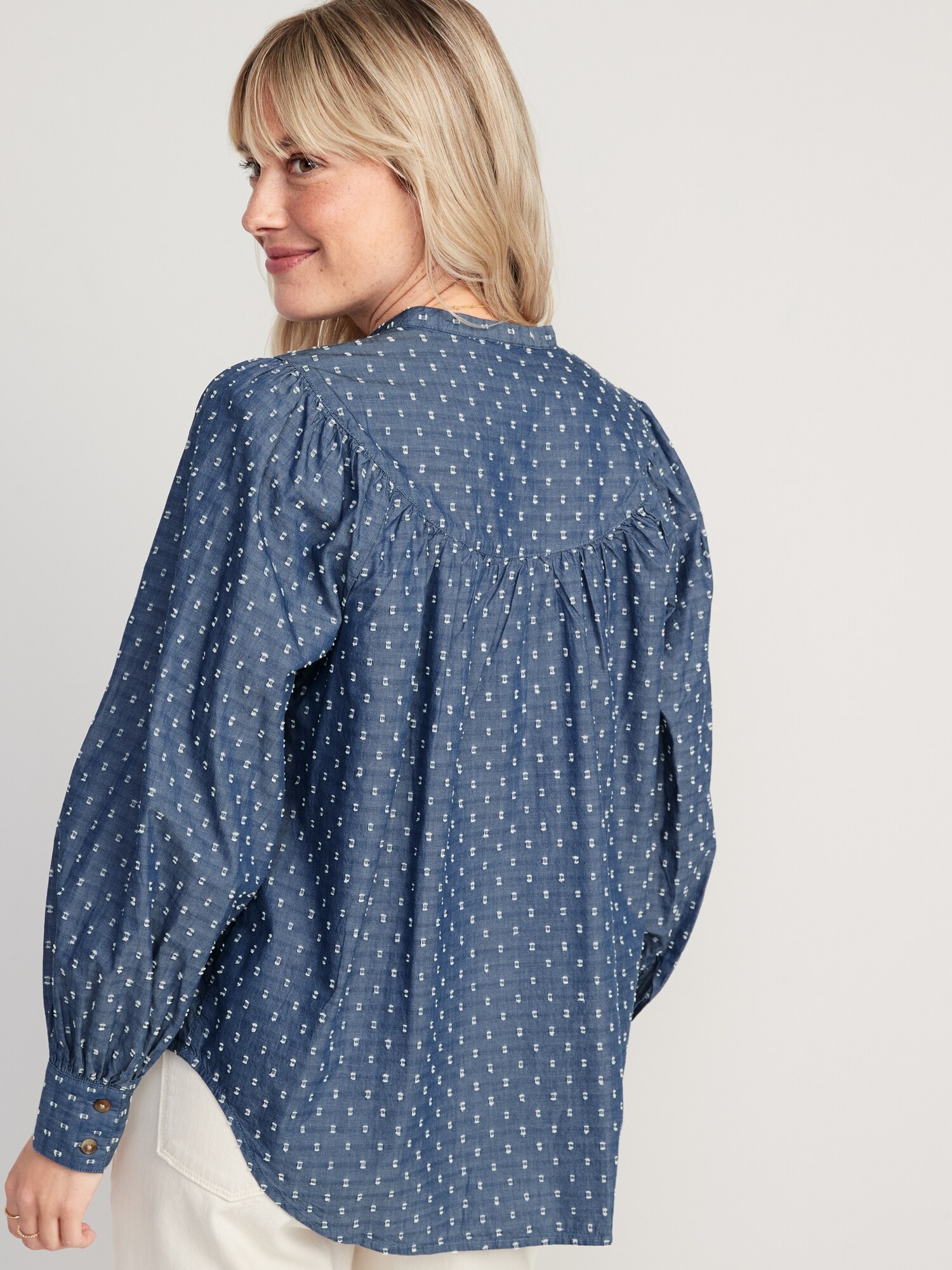 Puff-Sleeve Clip-Dot Henley Swing Blouse for Women | Old Navy