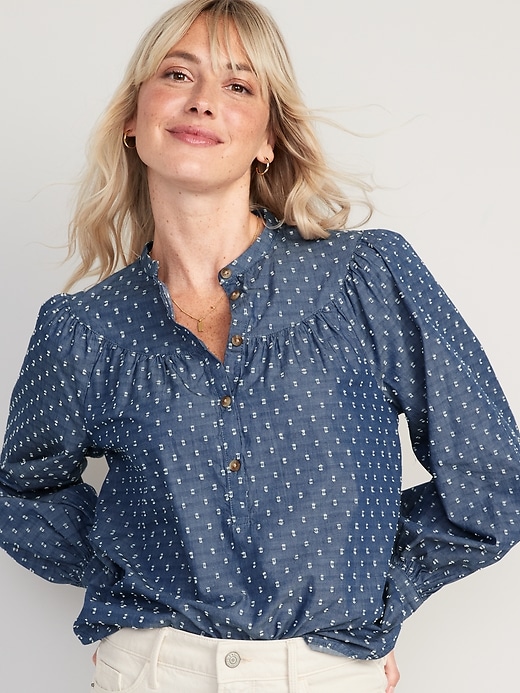 Image number 1 showing, Puff-Sleeve Clip-Dot Henley Swing Blouse for Women