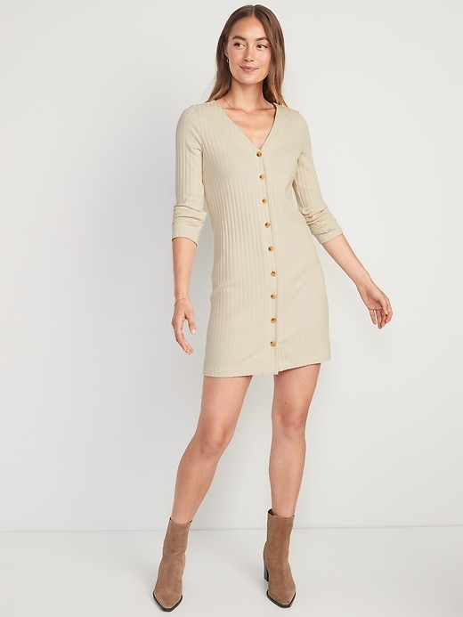 Image number 1 showing, Long-Sleeve Rib-Knit Button-Front Mini Shift Dress for Women