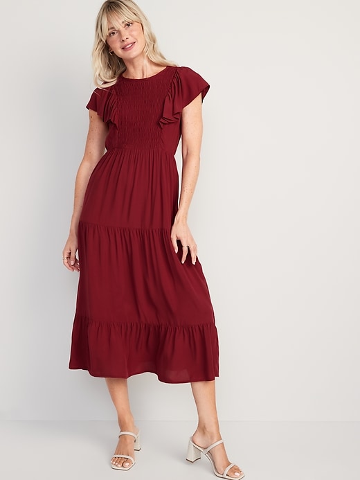 Image number 1 showing, Fit & Flare Flutter-Sleeve Tiered Smocked Midi Dress