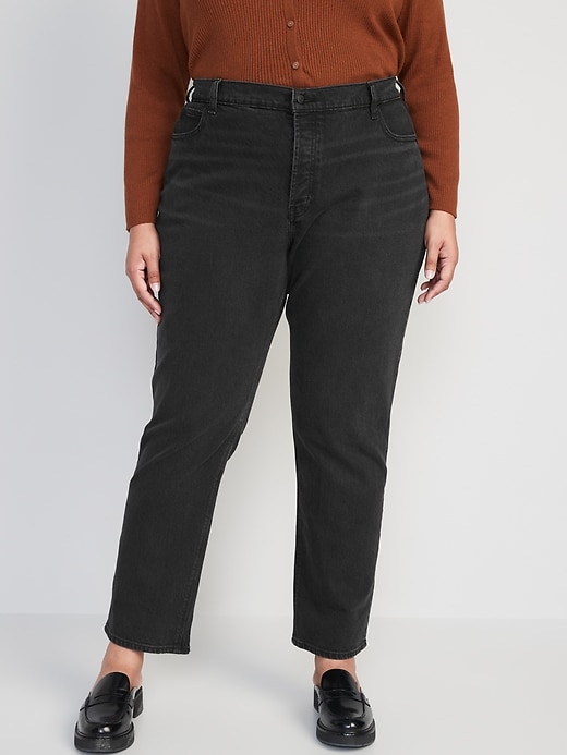 Image number 7 showing, High-Waisted Button-Fly Slouchy Straight Black-Wash Jeans for Women
