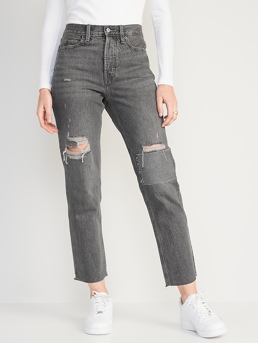 Image number 1 showing, Extra High-Waisted Button-Fly Sky-Hi Straight Patchwork Non-Stretch Jeans for Women