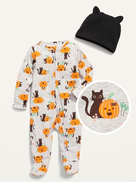 Unisex 2-Way-Zip Printed Sleep & Play Footed One-Piece and Beanie Set for Baby - Halloween Pumpkins And Cats