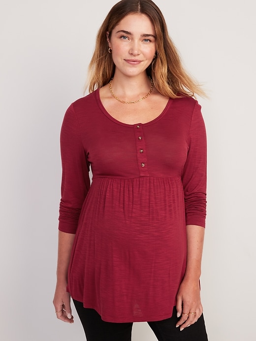 View large product image 1 of 1. Maternity Slub-Knit Long-Sleeve Peplum-Hem Henley T-Shirt