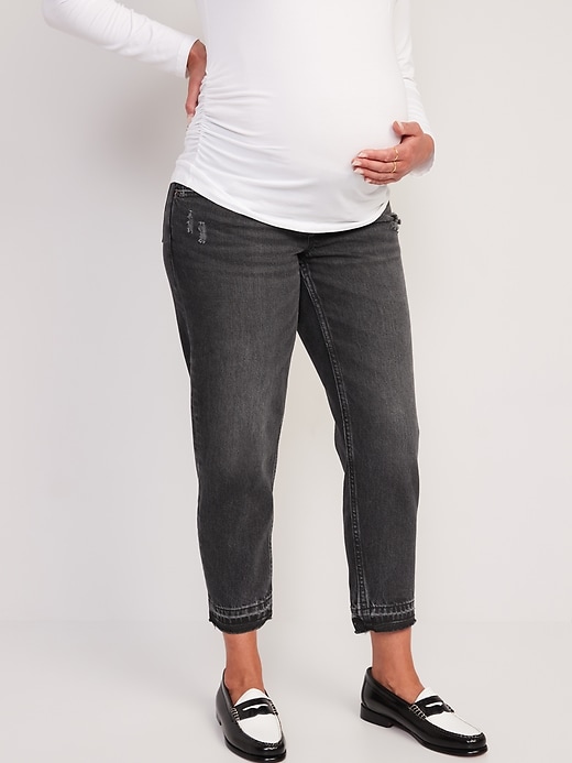 Image number 1 showing, Maternity Front Low Panel Slouchy Straight Black Cut-Off Jeans