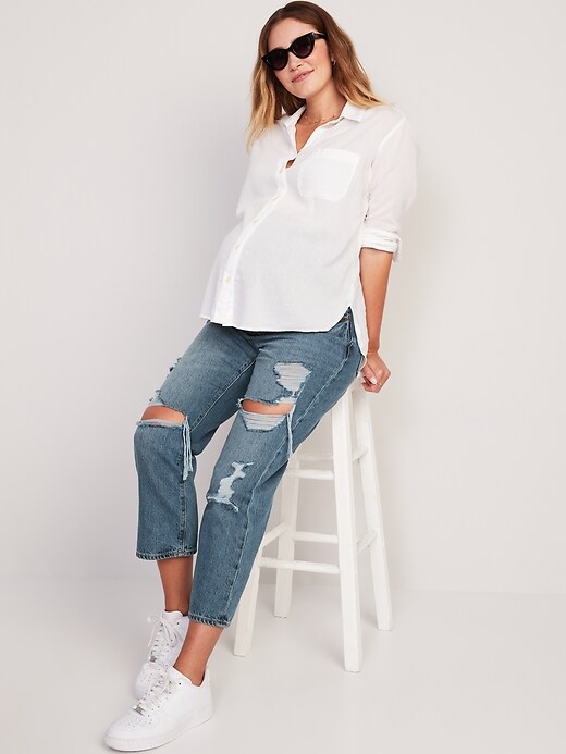 Image number 3 showing, Maternity Full Panel Slouchy Straight Ripped Cropped Jeans