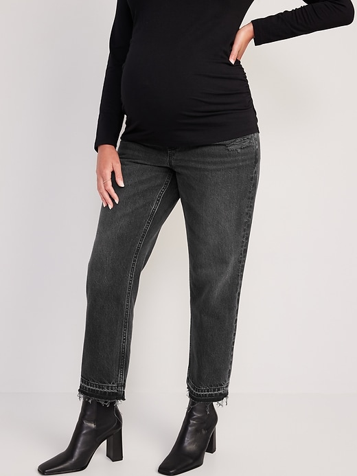 Image number 1 showing, Maternity Full Panel Slouchy Straight Cropped Cut-Off Black Jeans