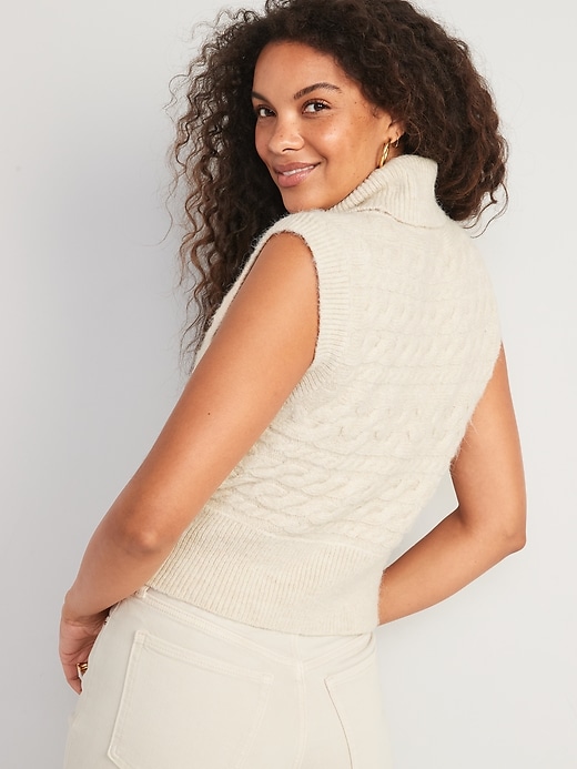 Image number 2 showing, Sleeveless Cropped Cozy Plush-Yarn Cable-Knit Turtleneck Sweater