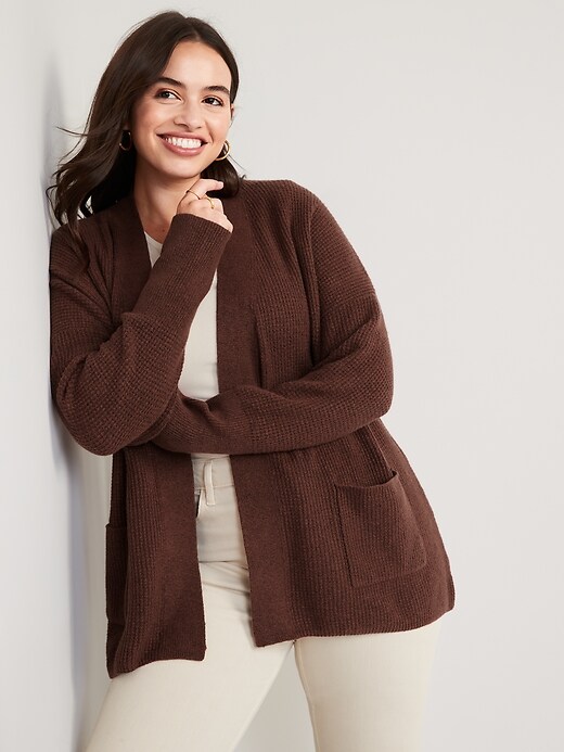 Image number 3 showing, Waffle-Knit Open-Front Cardigan for Women