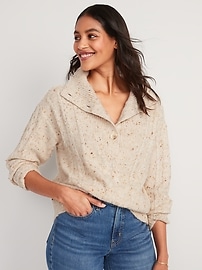 Speckled Button-Front Cable-Knit Sweater