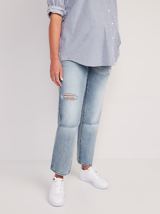 Image number 1 showing, Maternity Front Low Panel Slouchy Straight Ripped Jeans