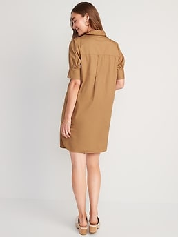 Sequin Puff Sleeve Tiered Poplin Shirt Dress - Tees2urdoor