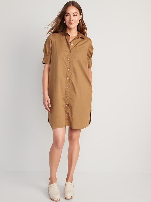 Image number 1 showing, Puff-Sleeve Cotton-Poplin Shirt Dress for Women