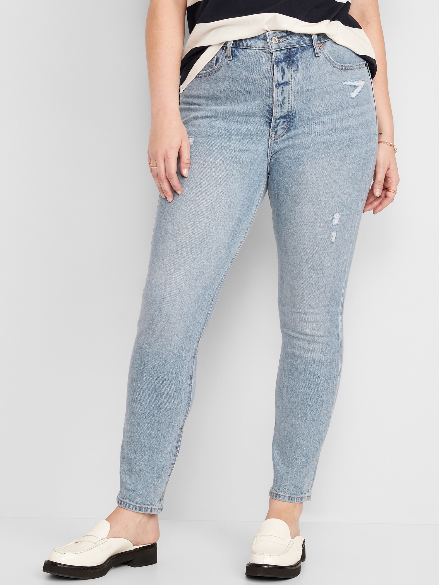 Extra High-Waisted Hidden Button-Fly Pop Icon Distressed Skinny Jeans ...