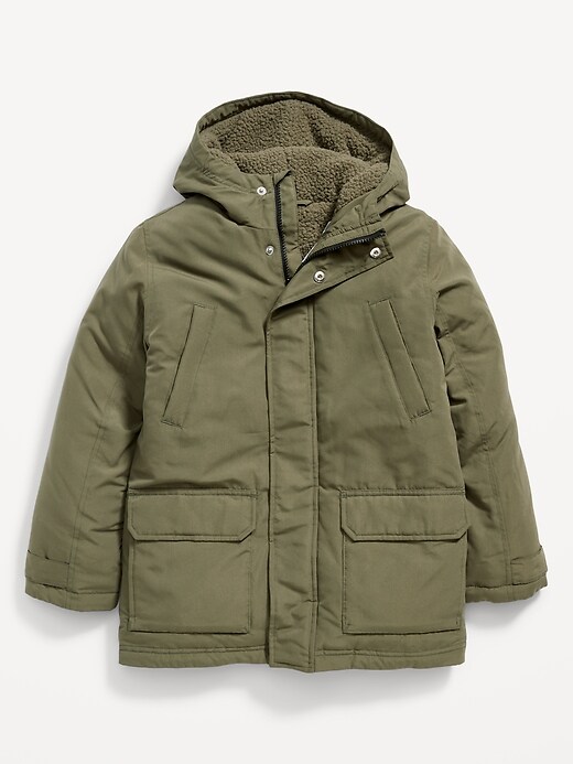 View large product image 2 of 3. Gender-Neutral Water-Resistant Hooded Sherpa-Lined Utility-Pocket Jacket for Kids