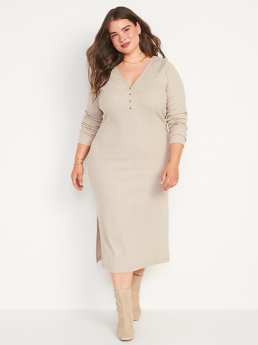 Image number 7 showing, Fitted Long-Sleeve Heathered Rib-Knit Henley Midi Dress