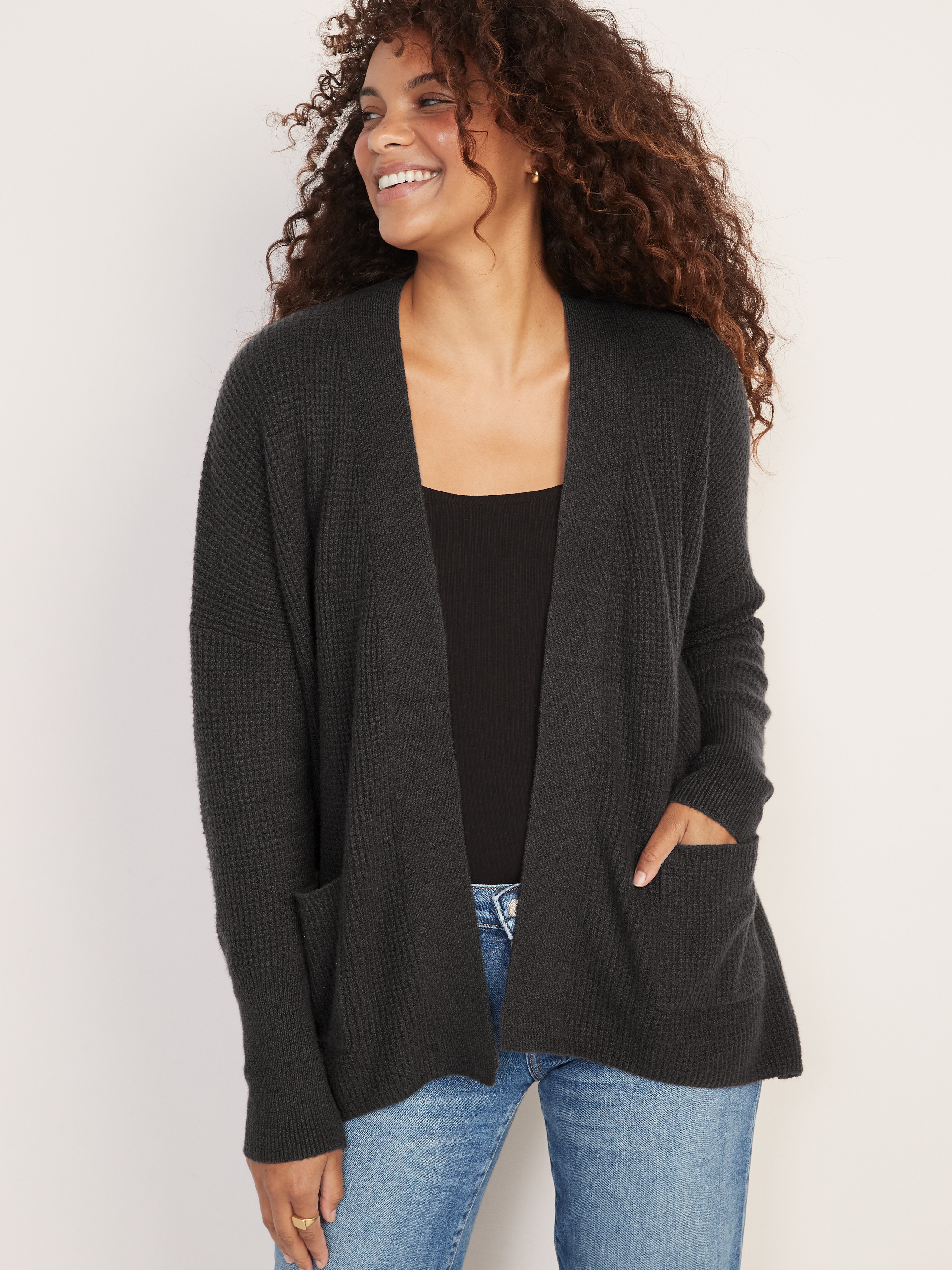 Waffle-Knit Open-Front Cardigan for 
