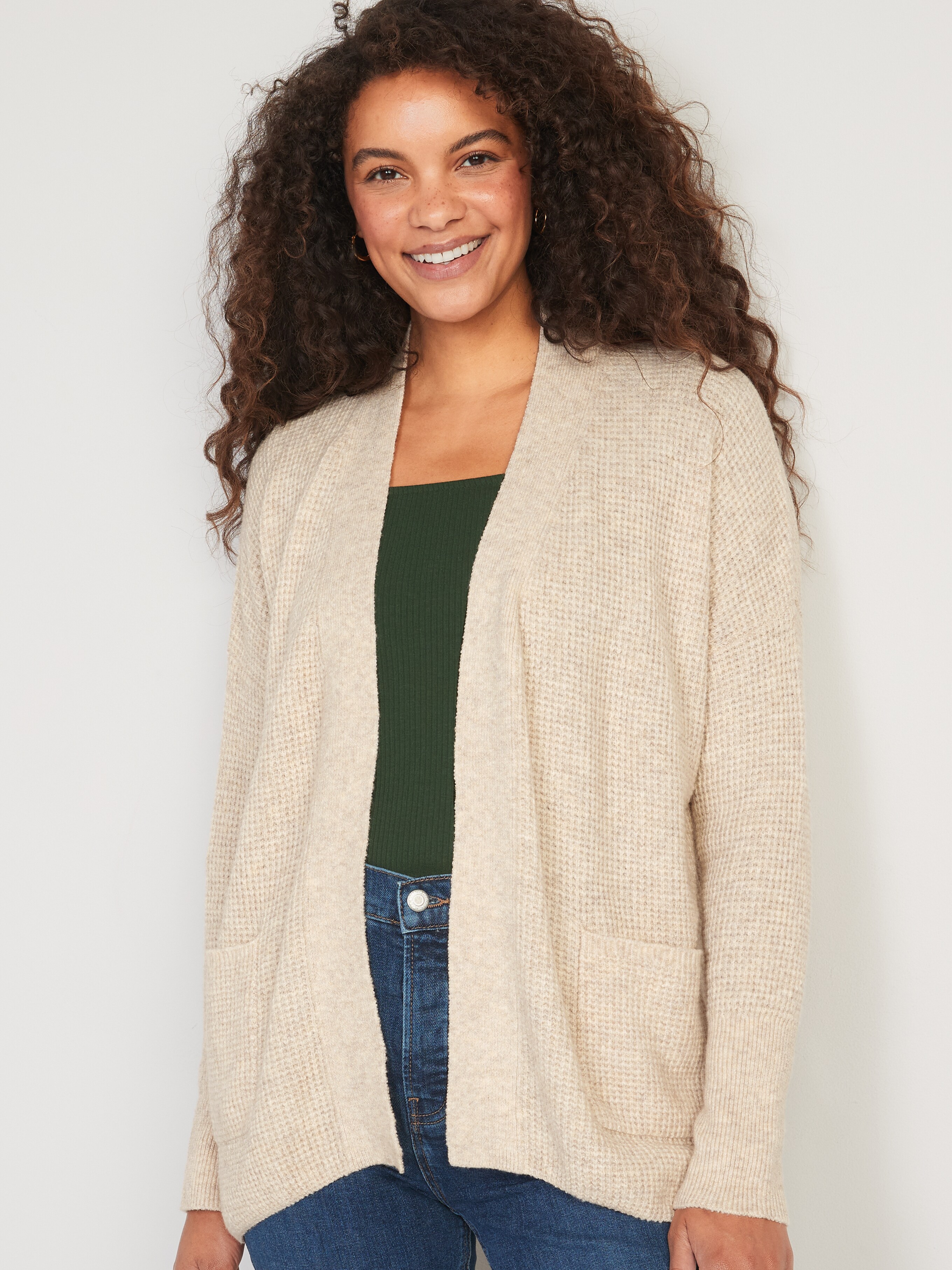 Heathered Waffle-Knit Open-Front 