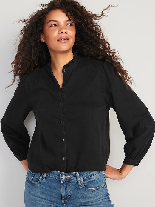 Image number 1 showing, Ruffle-Neck Jean Shirt for Women