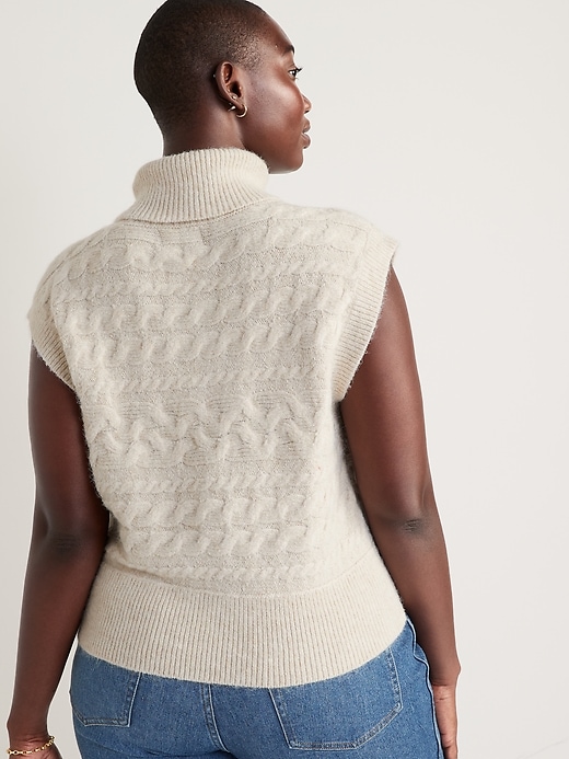 Image number 6 showing, Sleeveless Cropped Cozy Plush-Yarn Cable-Knit Turtleneck Sweater