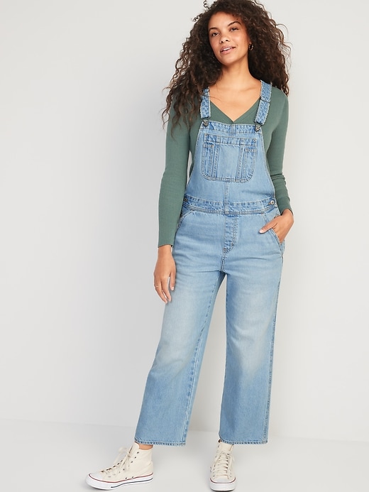 Image number 1 showing, Baggy Wide-Leg Non-Stretch Jean Overalls