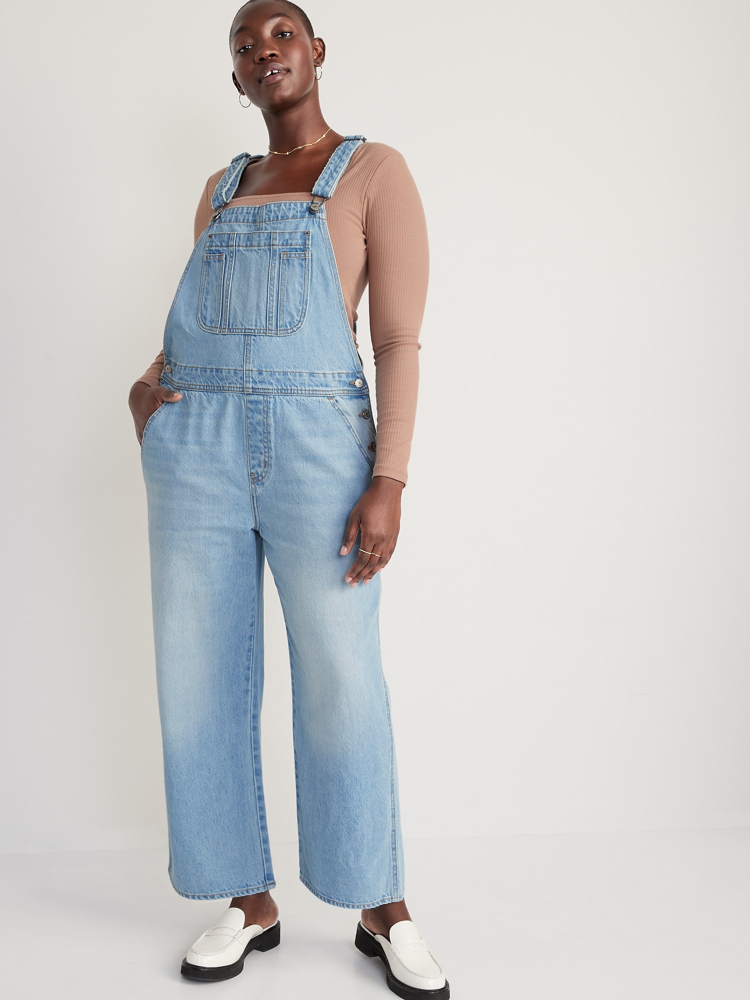 Baggy Wide-Leg Non-Stretch Jean Overalls for Women