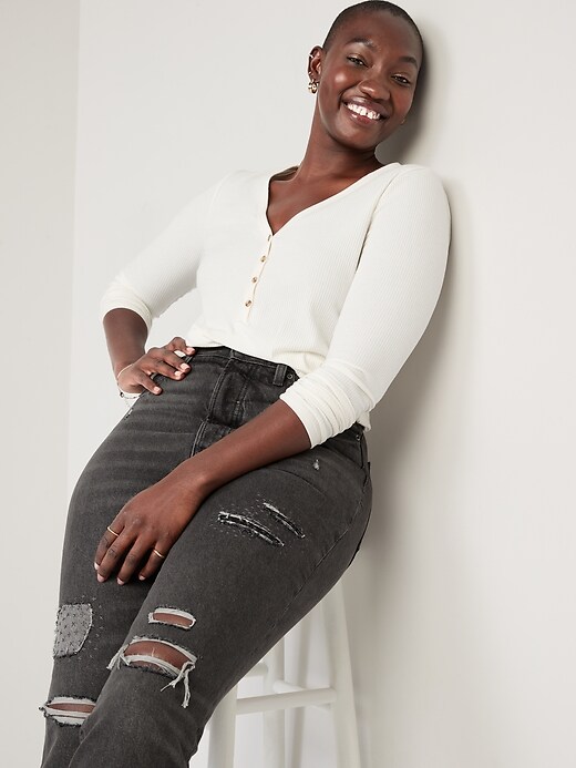 Image number 3 showing, Higher High-Waisted Button-Fly OG Straight Ripped Gray Non-Stretch Jeans for Women