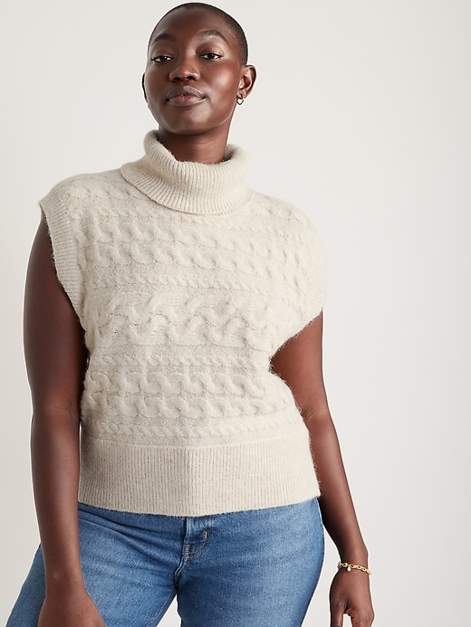 Image number 5 showing, Sleeveless Cropped Cozy Plush-Yarn Cable-Knit Turtleneck Sweater