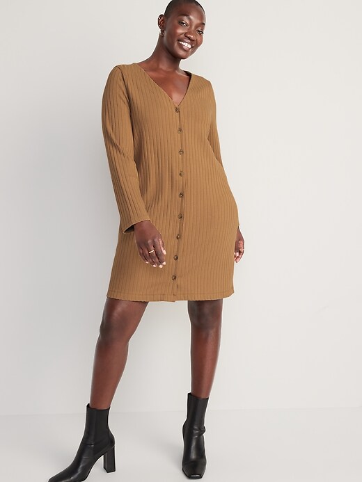 Image number 5 showing, Long-Sleeve Rib-Knit Button-Front Mini Shift Dress for Women