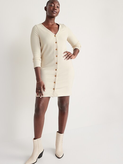 Image number 5 showing, Long-Sleeve Rib-Knit Button-Front Mini Shift Dress for Women