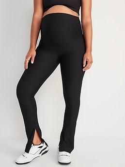 Maternity Rollover-Waist PowerSoft Rib-Knit Split-Hem Flare Leggings