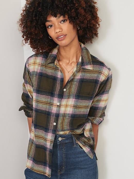 Image number 1 showing, Cropped Plaid Flannel Boyfriend Shirt