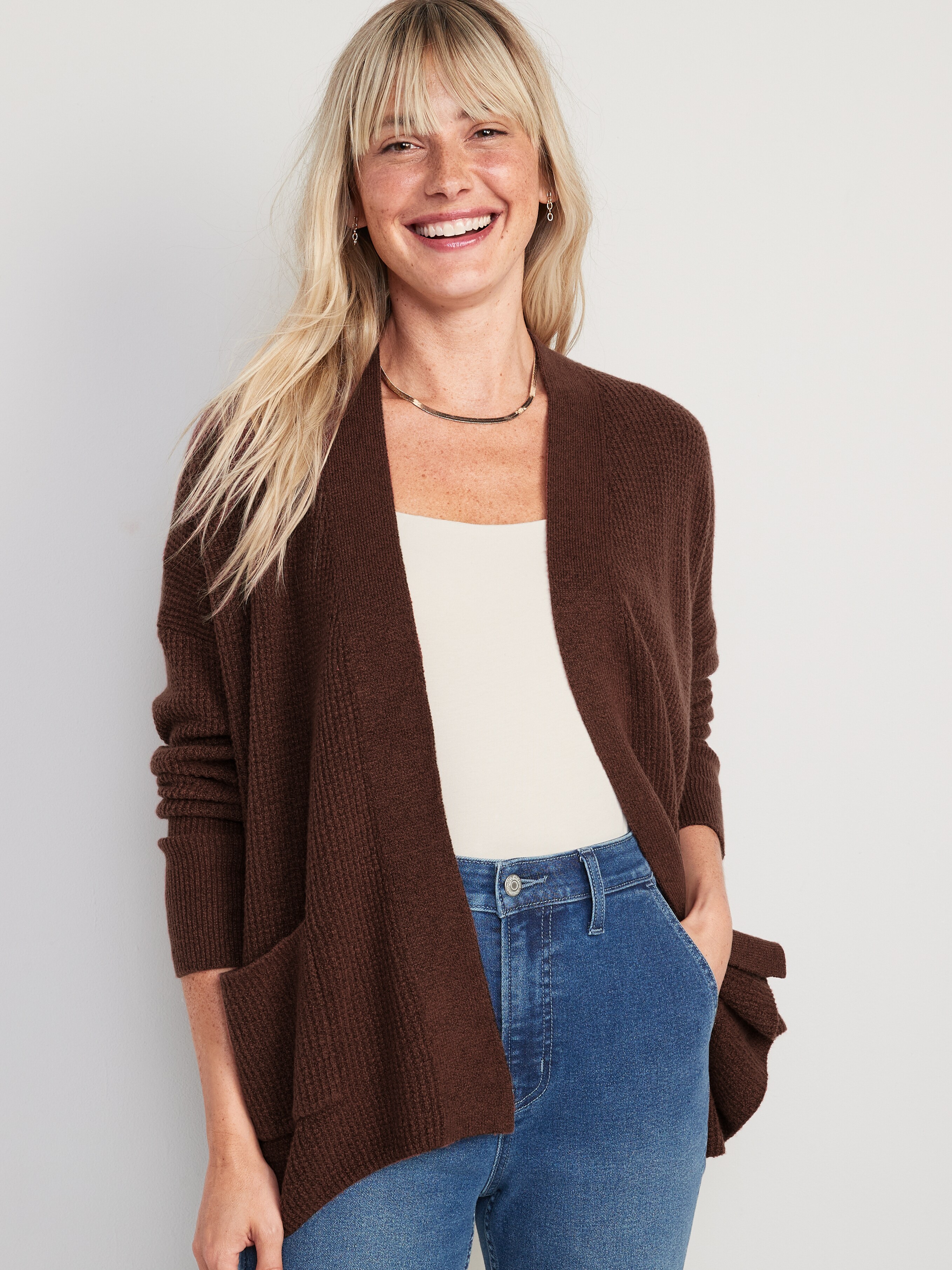 Waffle-Knit Open-Front Cardigan for 