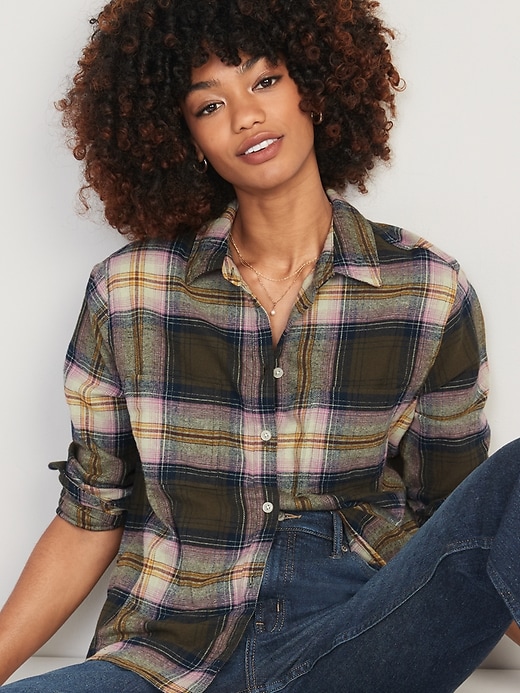 Image number 3 showing, Cropped Plaid Flannel Boyfriend Shirt